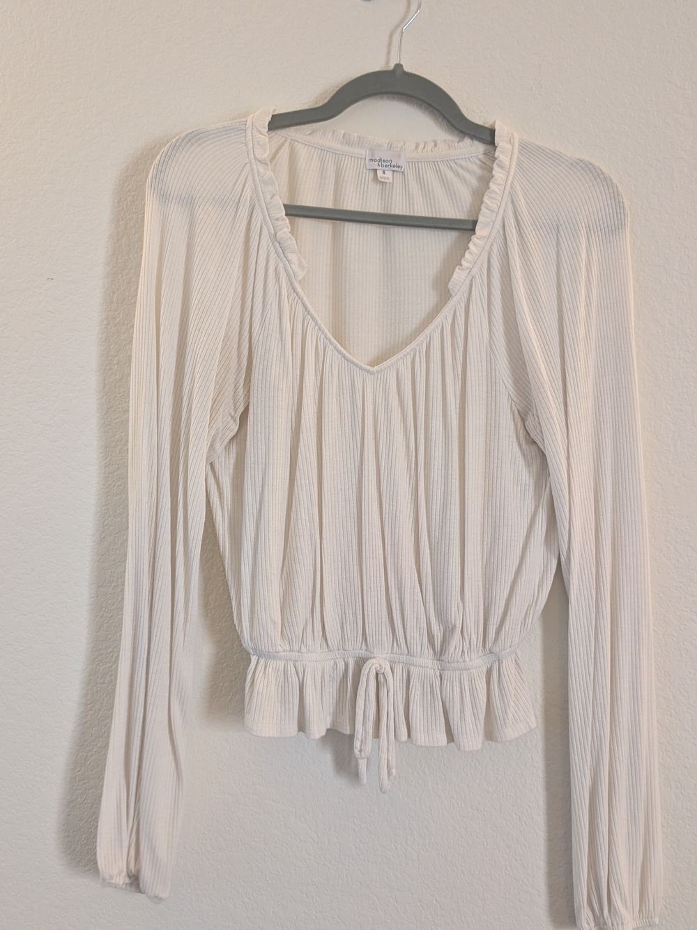 Madison Cream Ruffle-Trim Long Sleeve Peplum Top